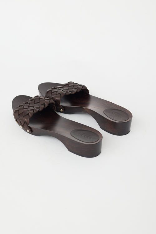 Gucci Brown Braided Leather & Wooden Sandal