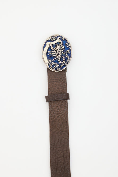 Gucci Brown Leather & Blue Plate Buckle Belt