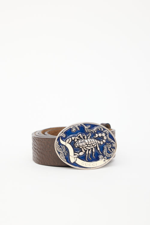 Gucci Brown Leather & Blue Plate Buckle Belt