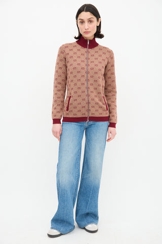 Gucci Burgundy & Beige Wool Logo Jacquard Track Jacket