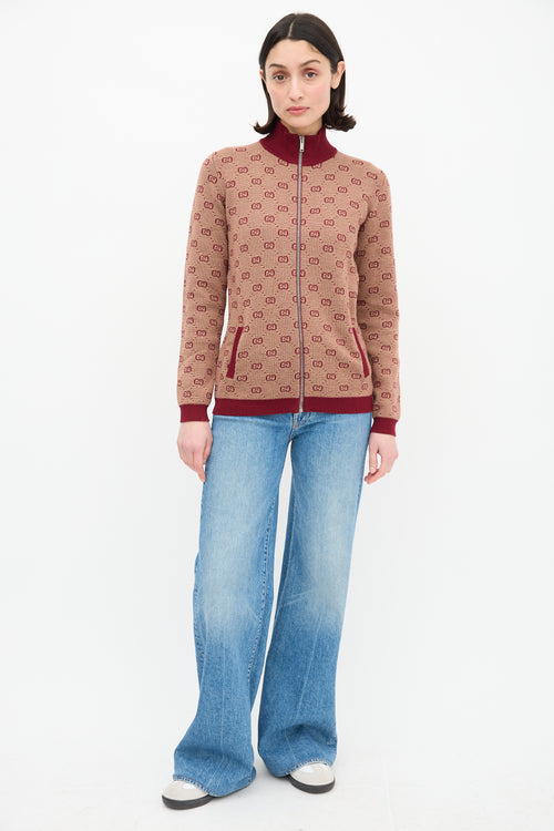 Gucci Burgundy & Beige Wool Logo Jacquard Track Jacket