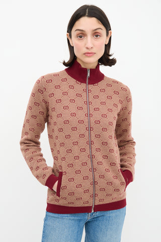 Gucci Burgundy & Beige Wool Logo Jacquard Track Jacket