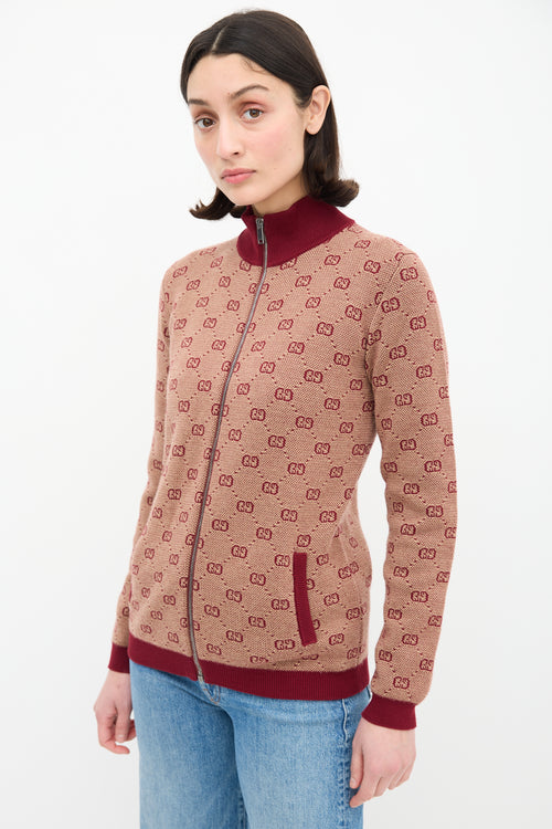 Gucci Burgundy & Beige Wool Logo Jacquard Track Jacket