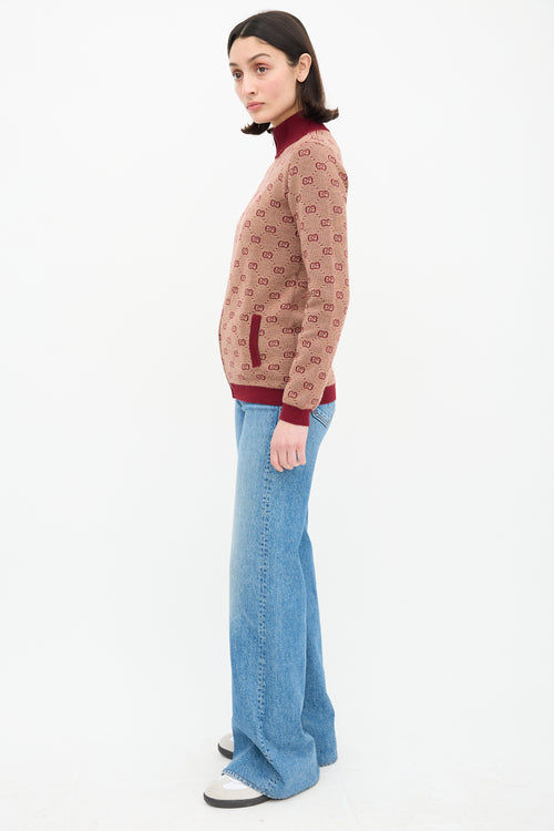 Gucci Burgundy & Beige Wool Logo Jacquard Track Jacket