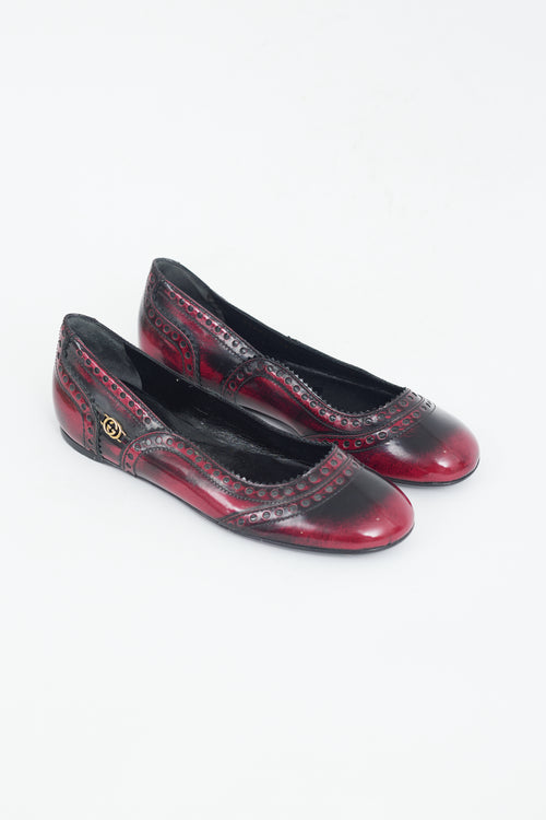 Gucci Burgundy & Black Leather Brogue GG Ballet Flat