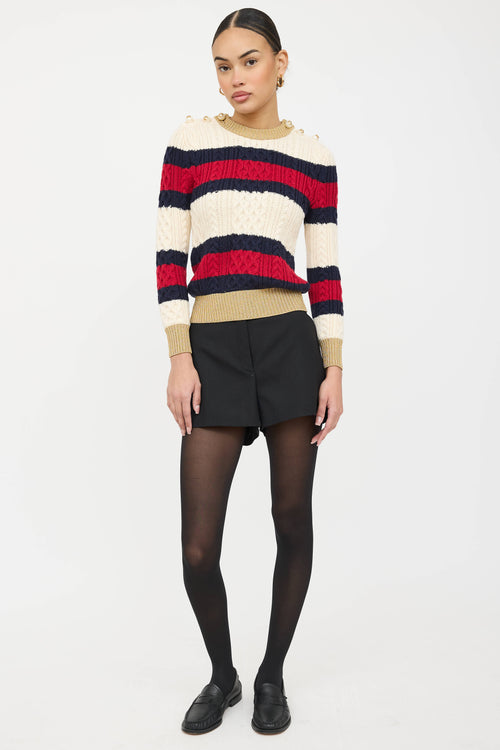 Gucci Wool Cableknit Striped Faux Pearl Sweater