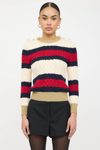 Gucci Wool Cableknit Striped Faux Pearl Sweater