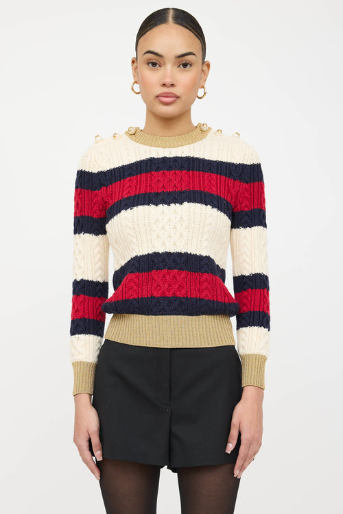 Gucci Wool Cableknit Striped Faux Pearl Sweater
