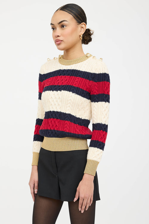 Gucci Wool Cableknit Striped Faux Pearl Sweater