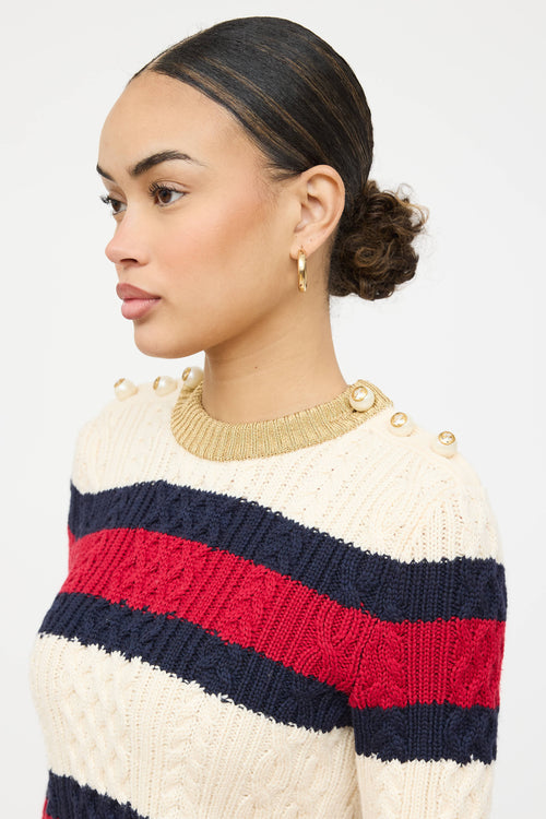 Gucci Wool Cableknit Striped Faux Pearl Sweater