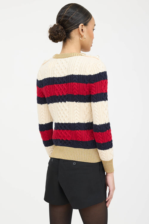 Gucci Wool Cableknit Striped Faux Pearl Sweater