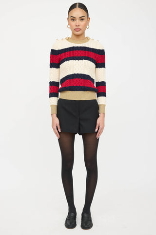 Gucci Wool Cableknit Striped Faux Pearl Sweater
