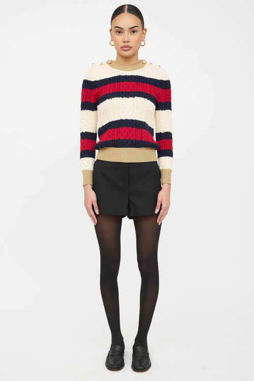 Gucci Wool Cableknit Striped Faux Pearl Sweater