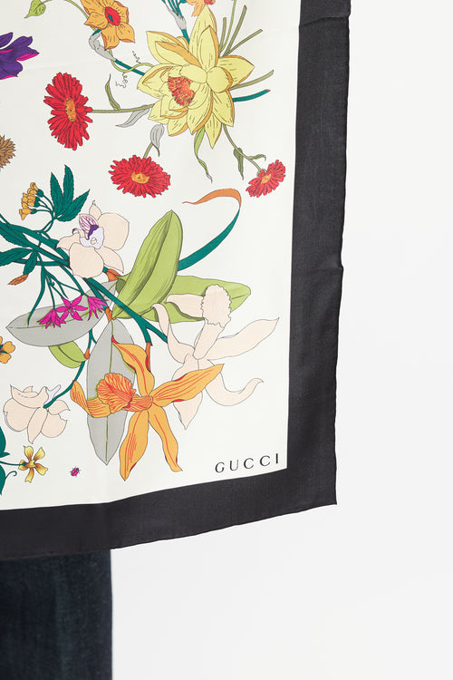 Gucci Cream & Black Floral Silk Scarf