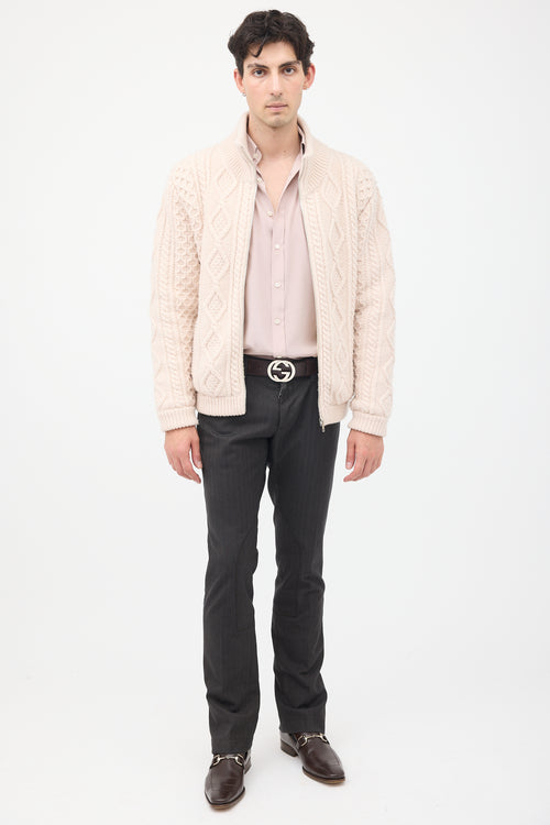 Gucci Cream Cable Knit & Shearling Zip Sweater