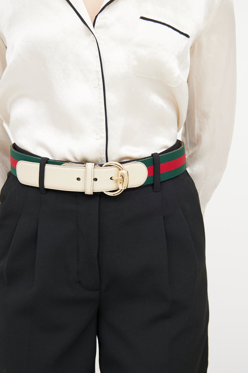 Gucci Cream & Striped Webbing Horsebit Belt