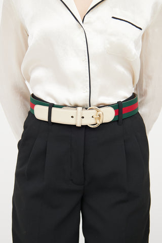 Gucci Cream & Striped Webbing Horsebit Belt