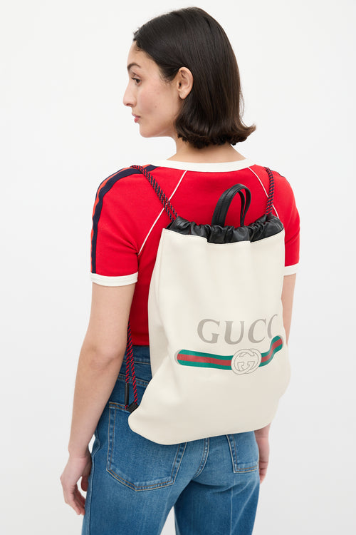 Gucci Cream & Multi Leather Logo Drawstring Backpack