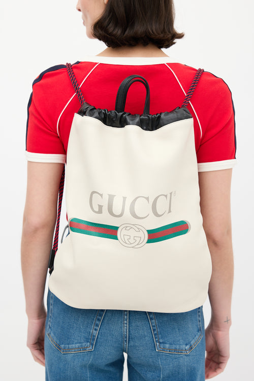 Gucci Cream & Multi Leather Logo Drawstring Backpack