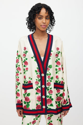 Gucci Cream & Multi Silk Floral Web Cardigan & Pant Set