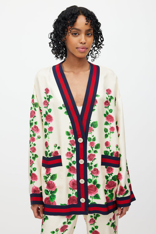 Gucci Cream & Multi Silk Floral Web Cardigan & Pant Set