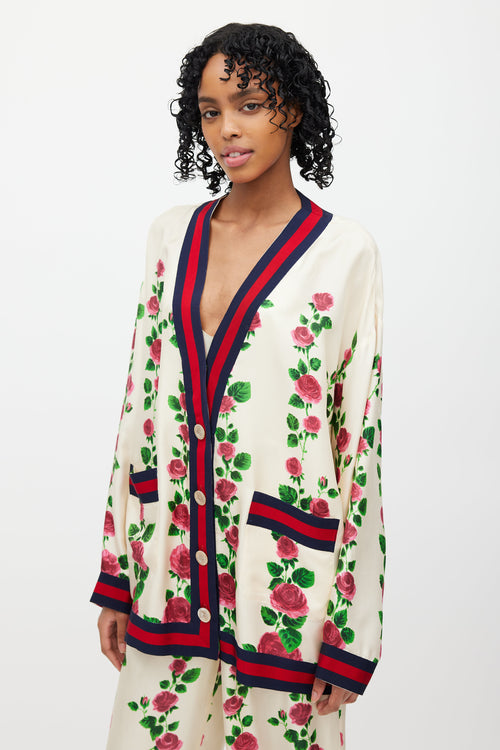 Gucci Cream & Multi Silk Floral Web Cardigan & Pant Set
