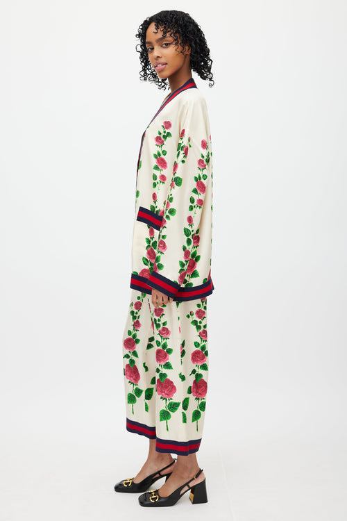 Gucci Cream & Multi Silk Floral Web Cardigan & Pant Set