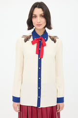 Gucci Cream & Multi Silk Tie Neck Embroidered Shirt