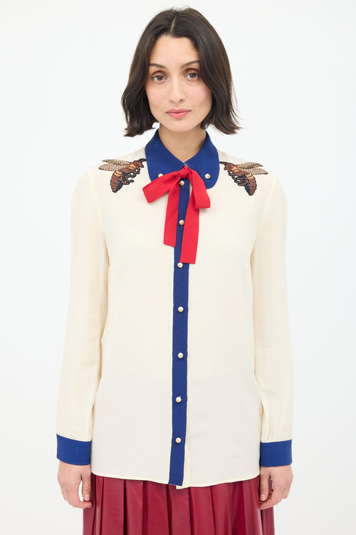 Gucci Cream & Multi Silk Tie Neck Embroidered Shirt