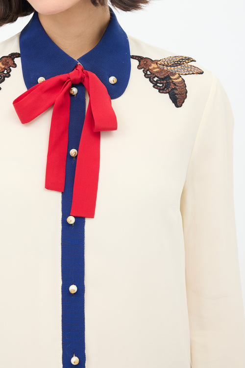 Gucci Cream & Multi Silk Tie Neck Embroidered Shirt