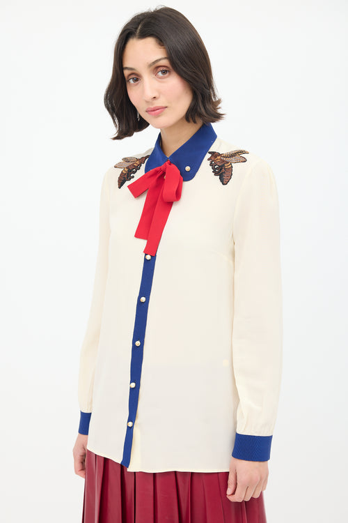 Gucci Cream & Multi Silk Tie Neck Embroidered Shirt