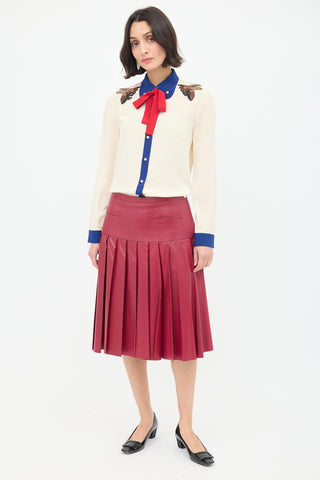 Gucci Cream & Multi Silk Tie Neck Embroidered Shirt