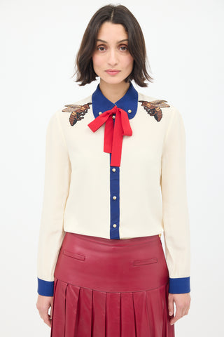 Gucci Cream & Multi Silk Tie Neck Embroidered Shirt