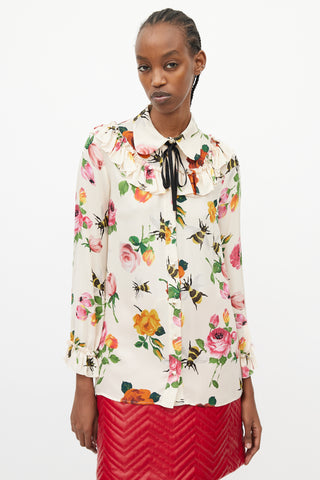 Gucci Cream & Multicolour Floral Ruffled Top