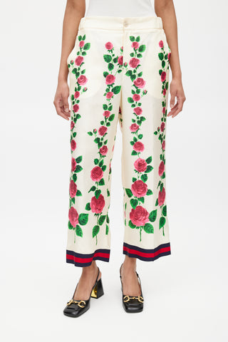 Gucci Cream & Multicolour Silk Floral Trouser