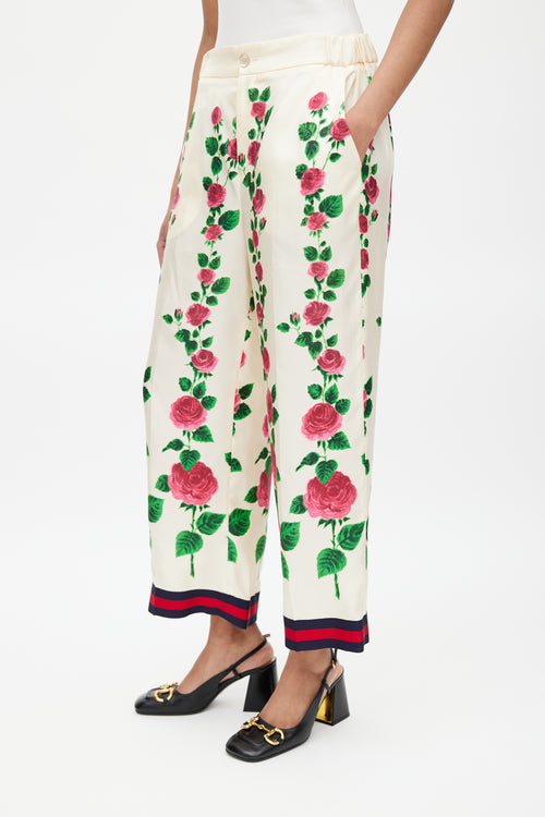Gucci Cream & Multicolour Silk Floral Trouser