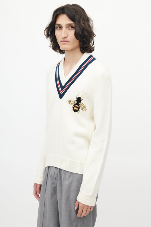 Gucci Cream & Navy V-Neck Bee Sweater