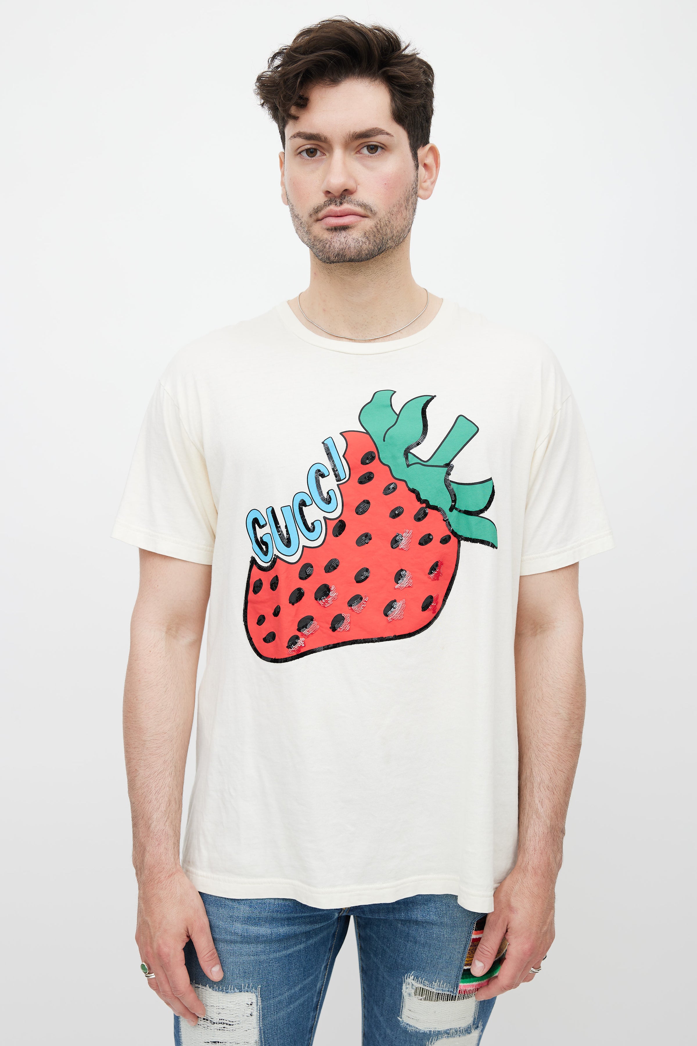 Gucci // Cream Strawberry Sequin Logo T-Shirt – VSP Consignment