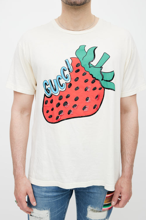 Gucci Cream Strawberry Sequin Logo T-Shirt