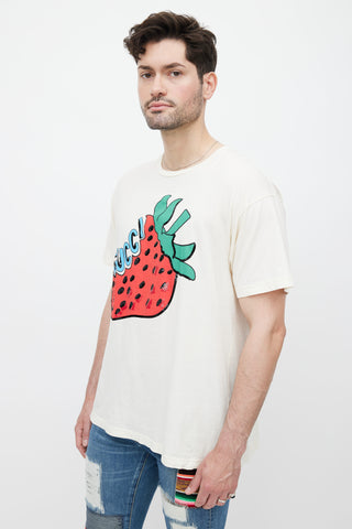 Gucci Cream Strawberry Sequin Logo T-Shirt