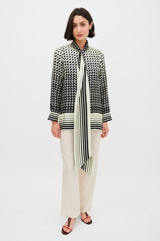 Gucci Cream & Black Geometric Tie Neck Shirt