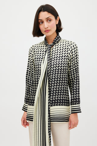 Gucci Cream & Black Geometric Tie Neck Shirt