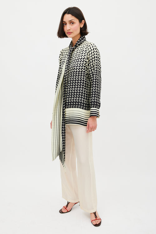 Gucci Cream & Black Geometric Tie Neck Shirt