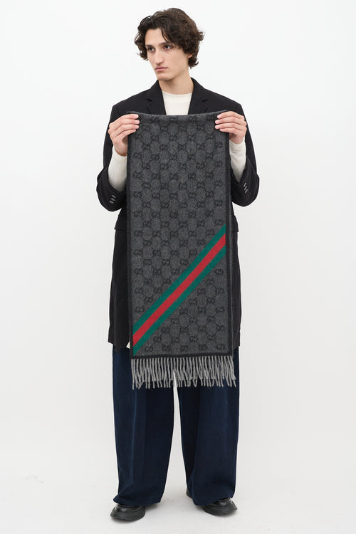 Gucci Dark Grey & Multi GG Web Fringe Scarf