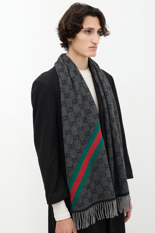 Gucci Dark Grey & Multi GG Web Fringe Scarf