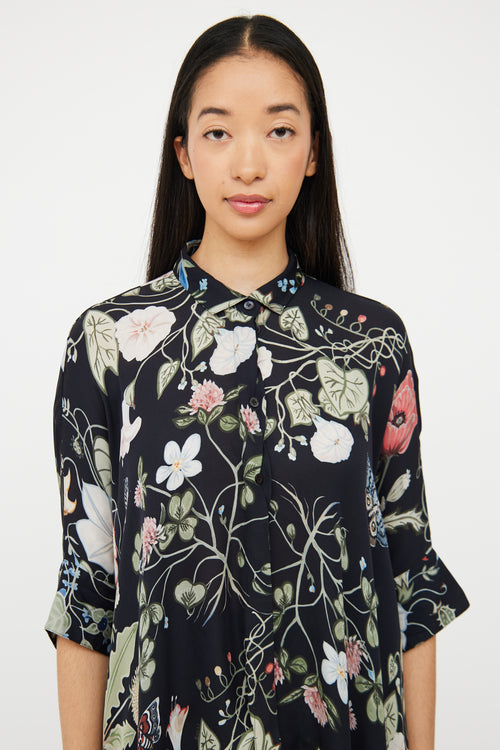 Black & Multi Floral Asymmetrical Shirt