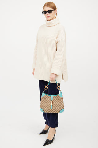 Gucci Beige & Teal GG Canvas Piston Lock Jackie Bag