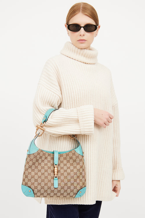 Gucci Beige & Teal GG Canvas Piston Lock Jackie Bag