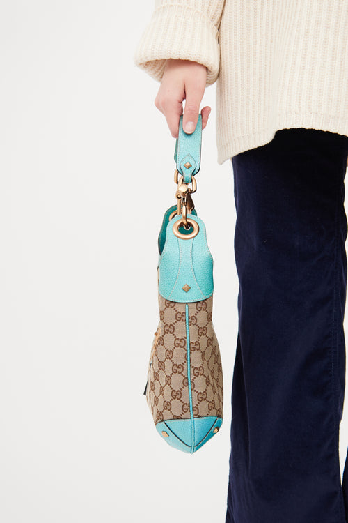 Gucci Beige & Teal GG Canvas Piston Lock Jackie Bag