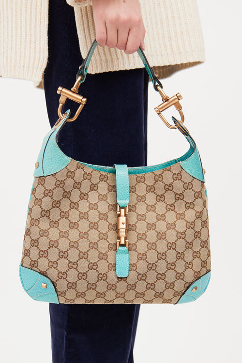 Gucci Beige & Teal GG Canvas Piston Lock Jackie Bag